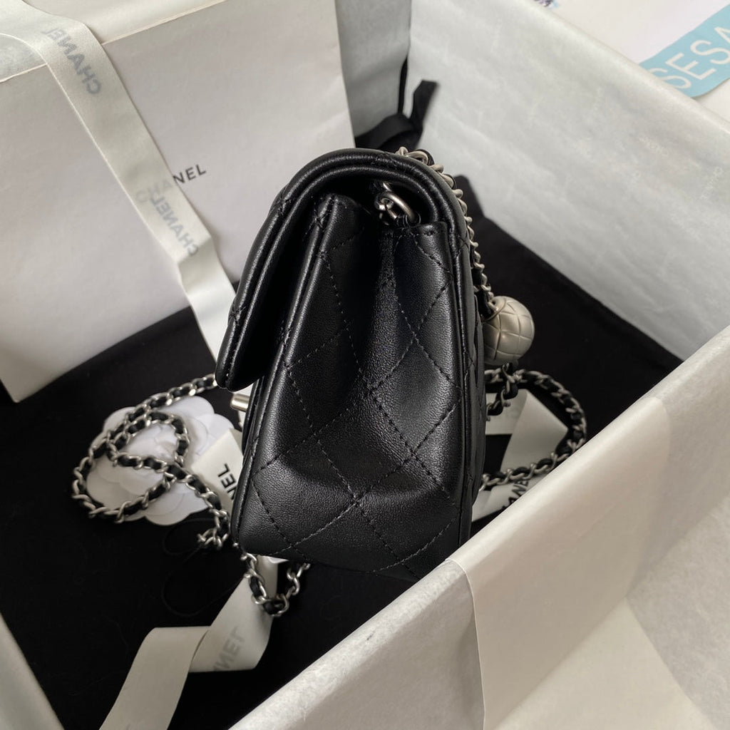 Chanel AS1786 23S Mini Flap Bag Silver Metal Lambskin Black