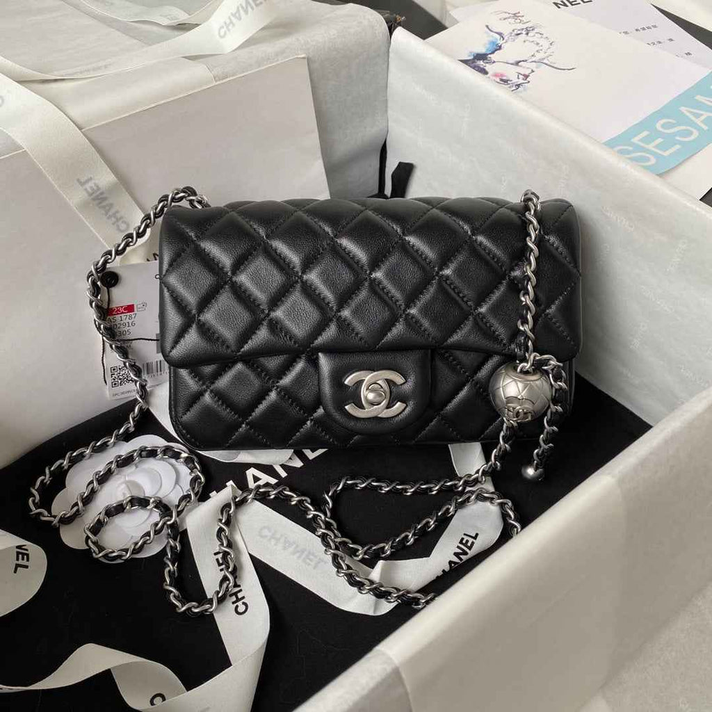 Chanel AS1787 23S Small Flap Bag Silver Metal Lambskin Black