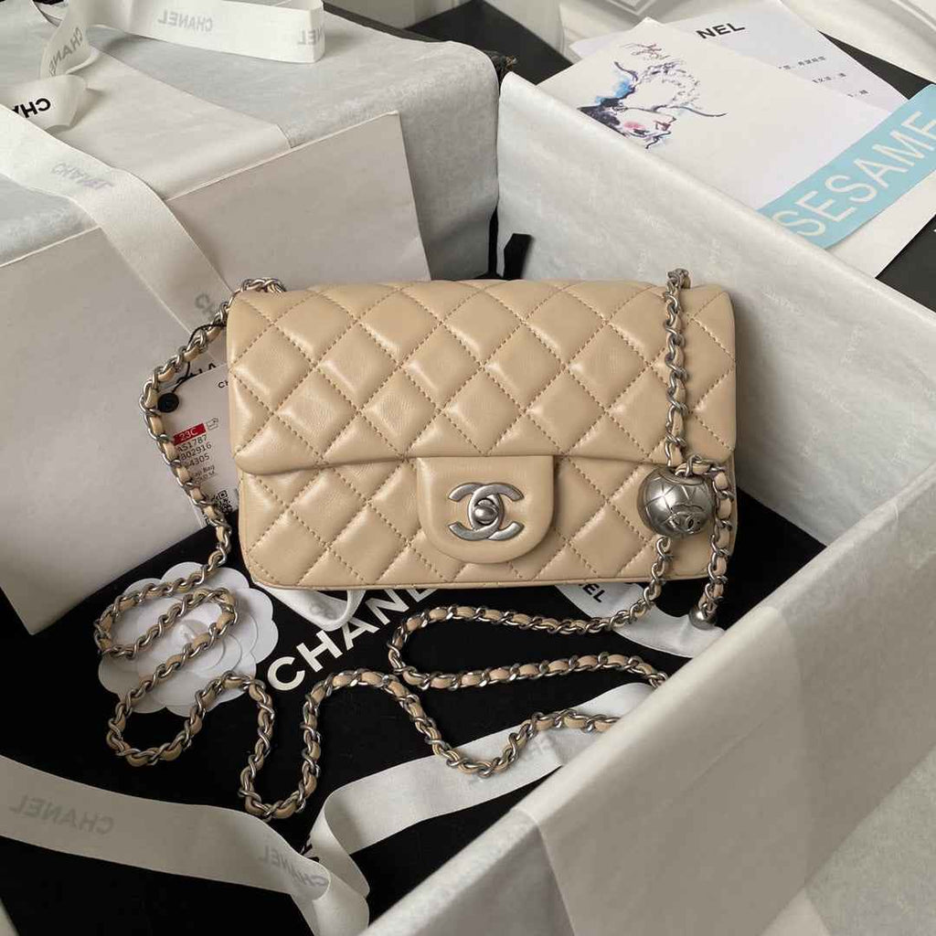 Chanel AS1787 23S Small Flap Bag Silver Metal Lambskin Apricot
