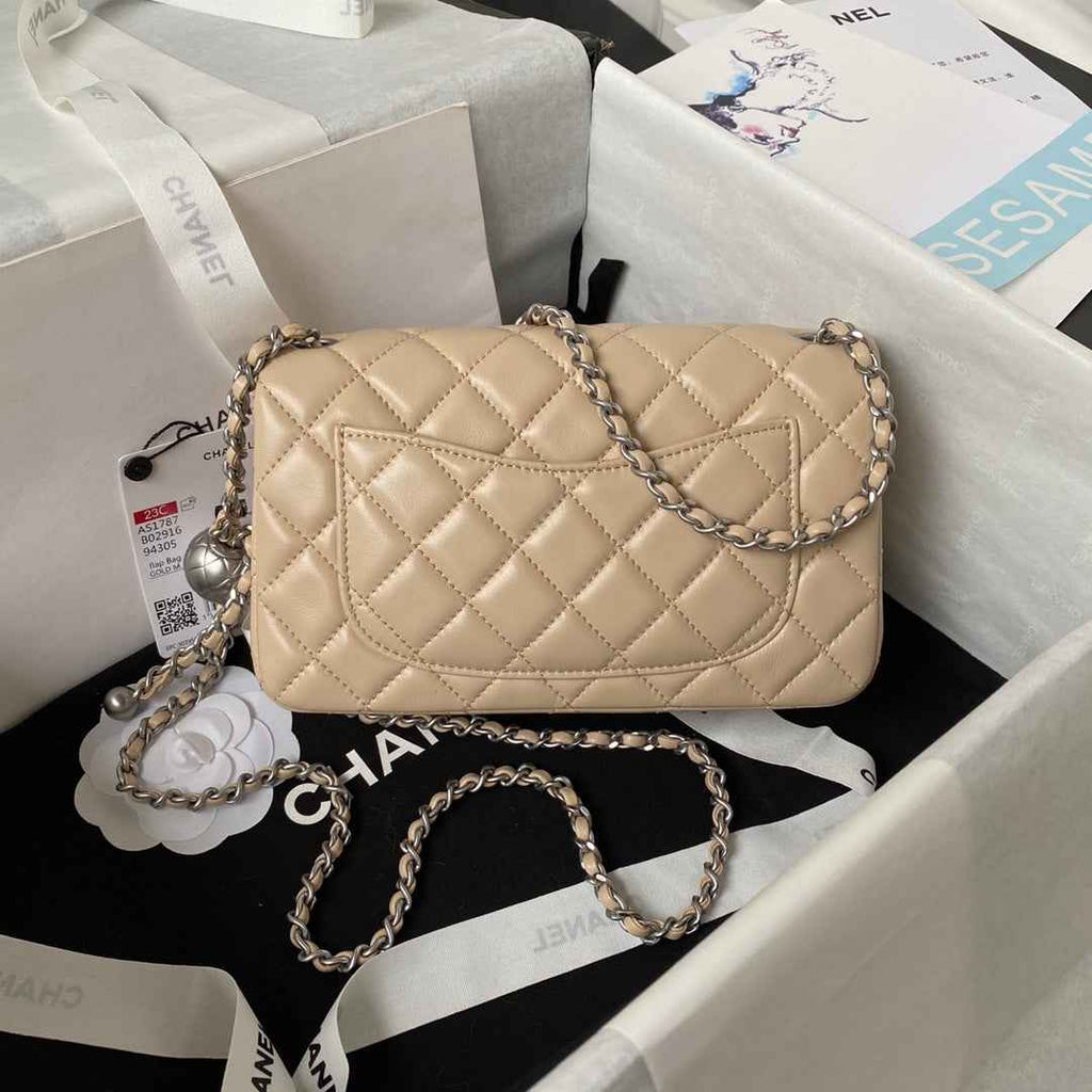 Chanel AS1787 23S Small Flap Bag Silver Metal Lambskin Apricot