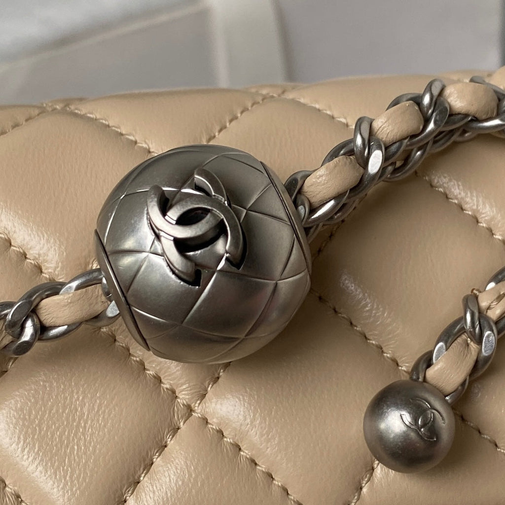 Chanel AS1787 23S Small Flap Bag Silver Metal Lambskin Apricot