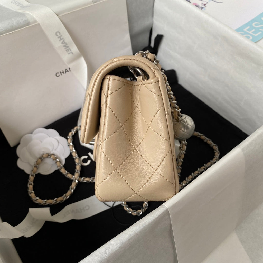 Chanel AS1787 23S Small Flap Bag Silver Metal Lambskin Apricot