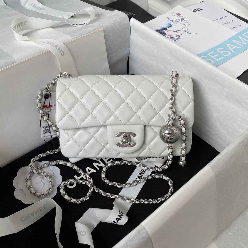 Chanel AS1787 23S Small Flap Bag Silver Metal Lambskin White
