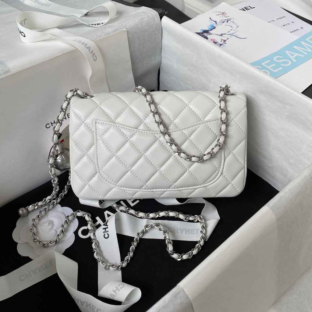 Chanel AS1787 23S Small Flap Bag Silver Metal Lambskin White