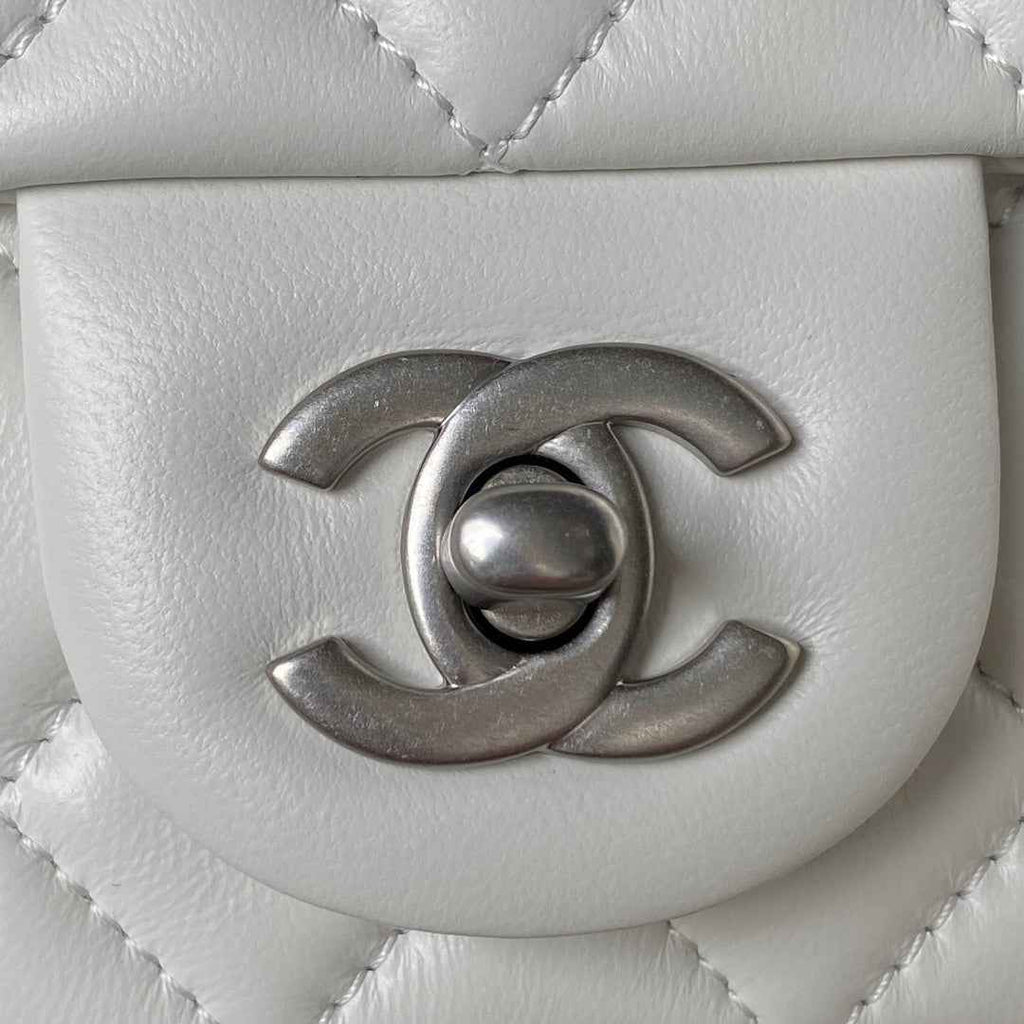 Chanel AS1787 23S Small Flap Bag Silver Metal Lambskin White
