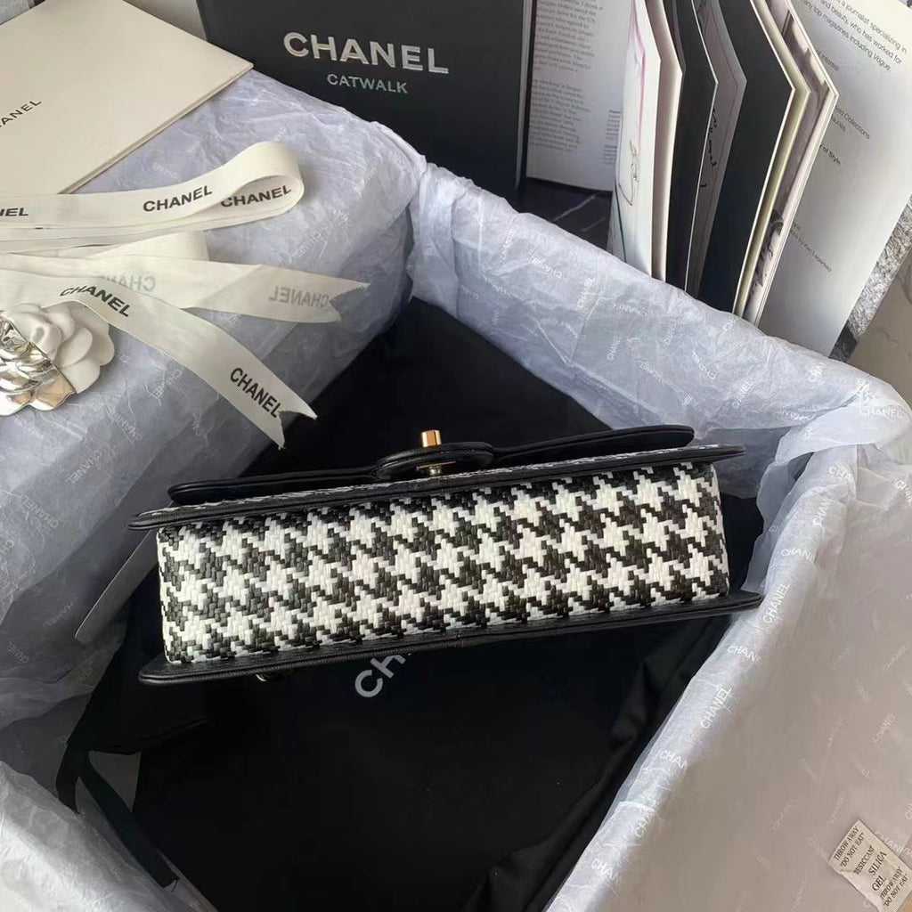 Chanel AS2419 Raffia Medium Flap Bag black white