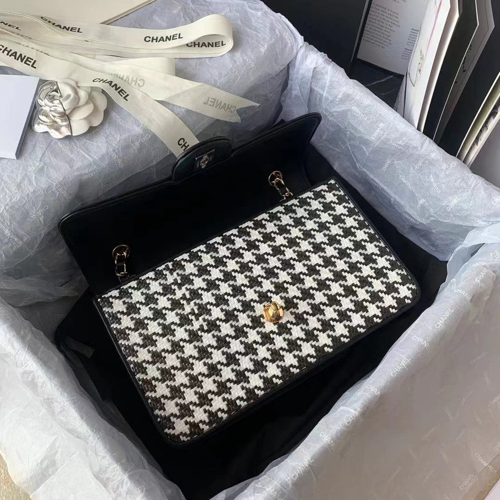 Chanel AS2419 Raffia Medium Flap Bag black white