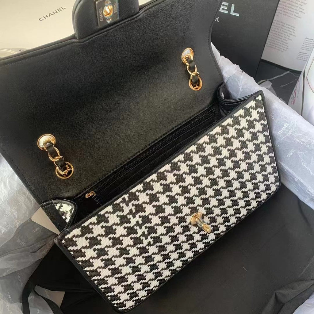 Chanel AS2419 Raffia Medium Flap Bag black white
