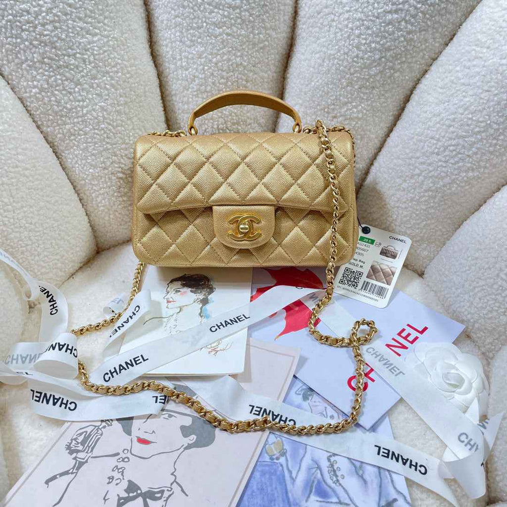 Chanel AS2431 mini flap bag with top handle Calfskin Gold