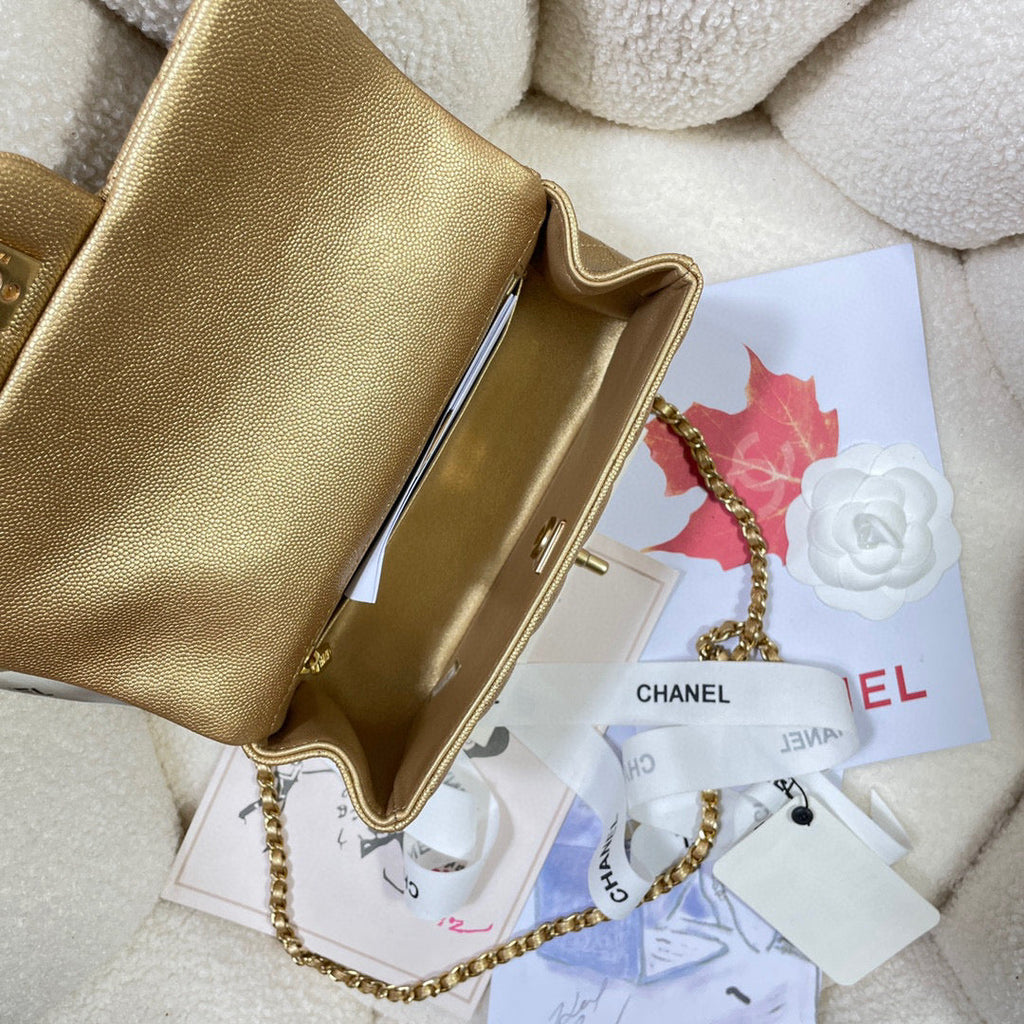 Chanel AS2431 mini flap bag with top handle Calfskin Gold