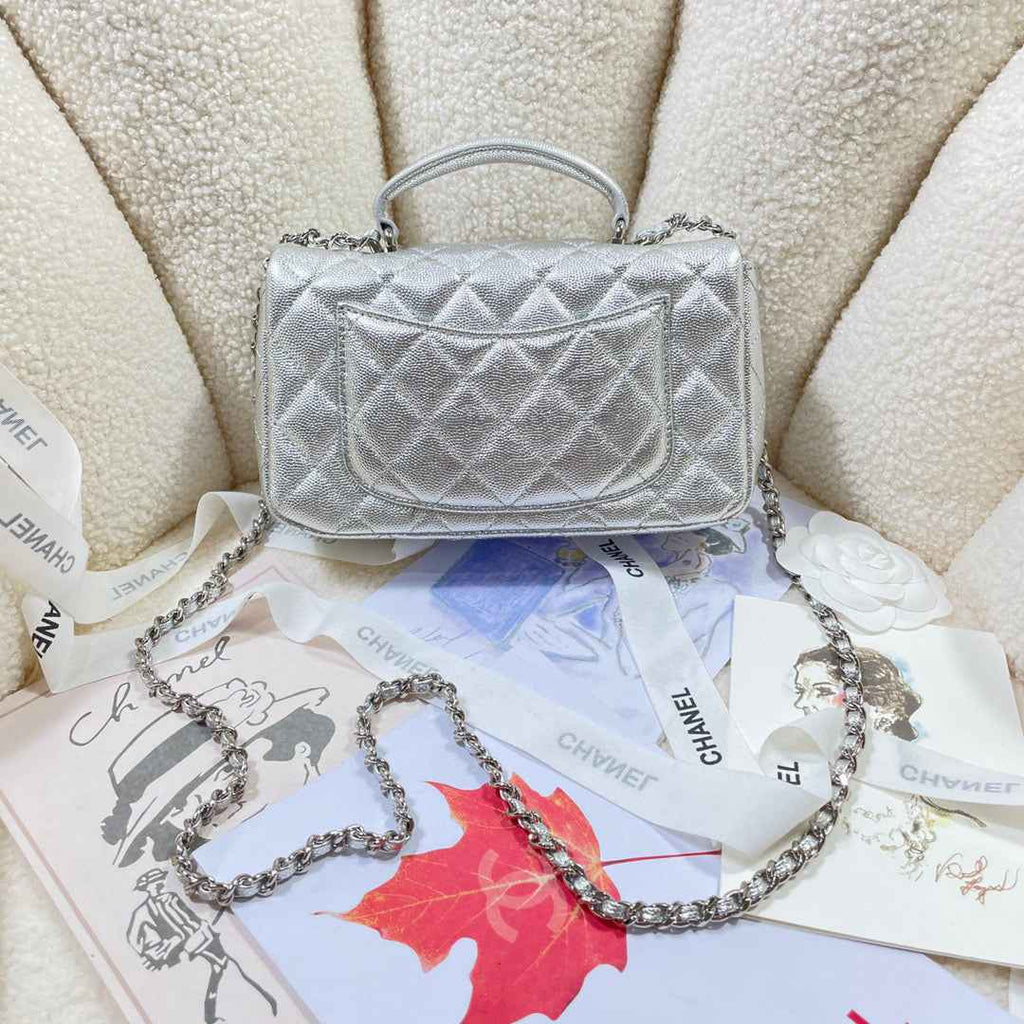 Chanel AS2431 mini flap bag with top handle Calfskin Silver