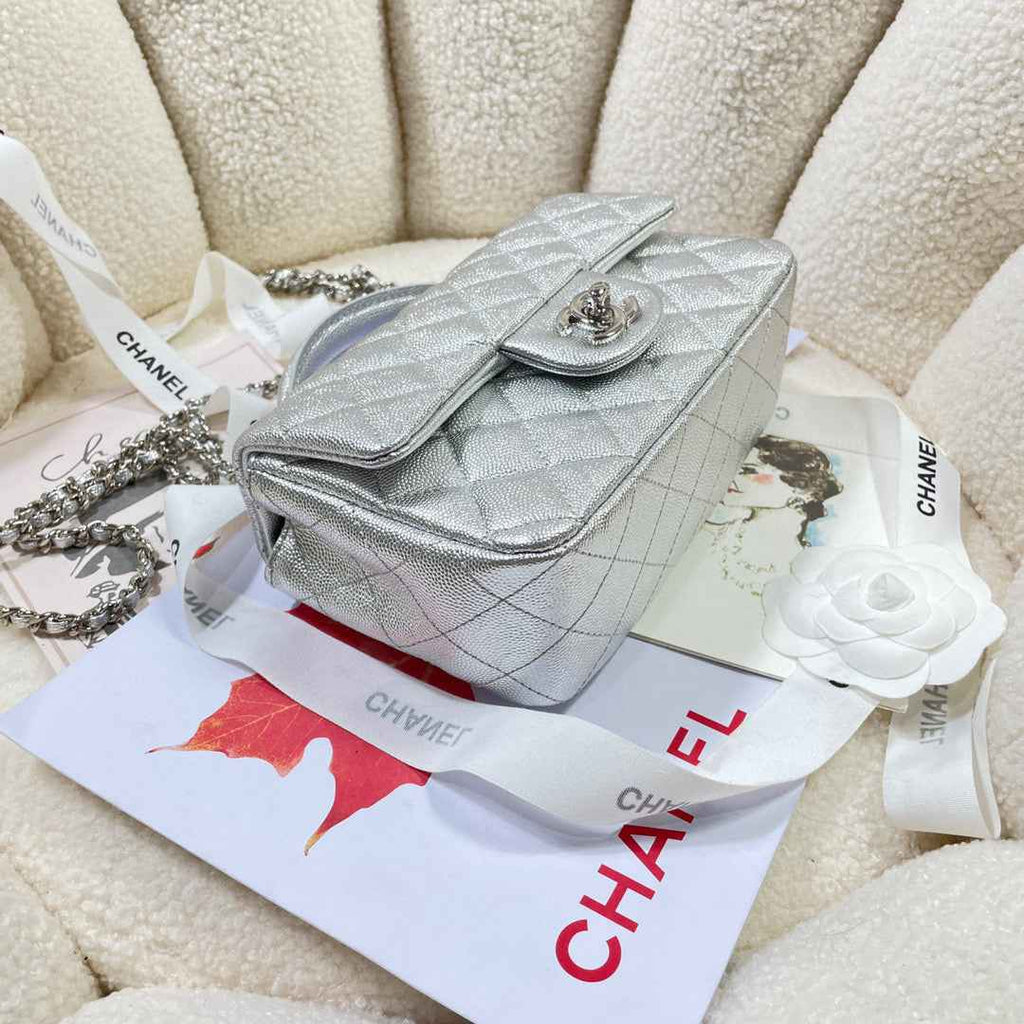 Chanel AS2431 mini flap bag with top handle Calfskin Silver