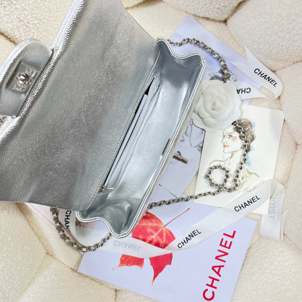 Chanel AS2431 mini flap bag with top handle Calfskin Silver