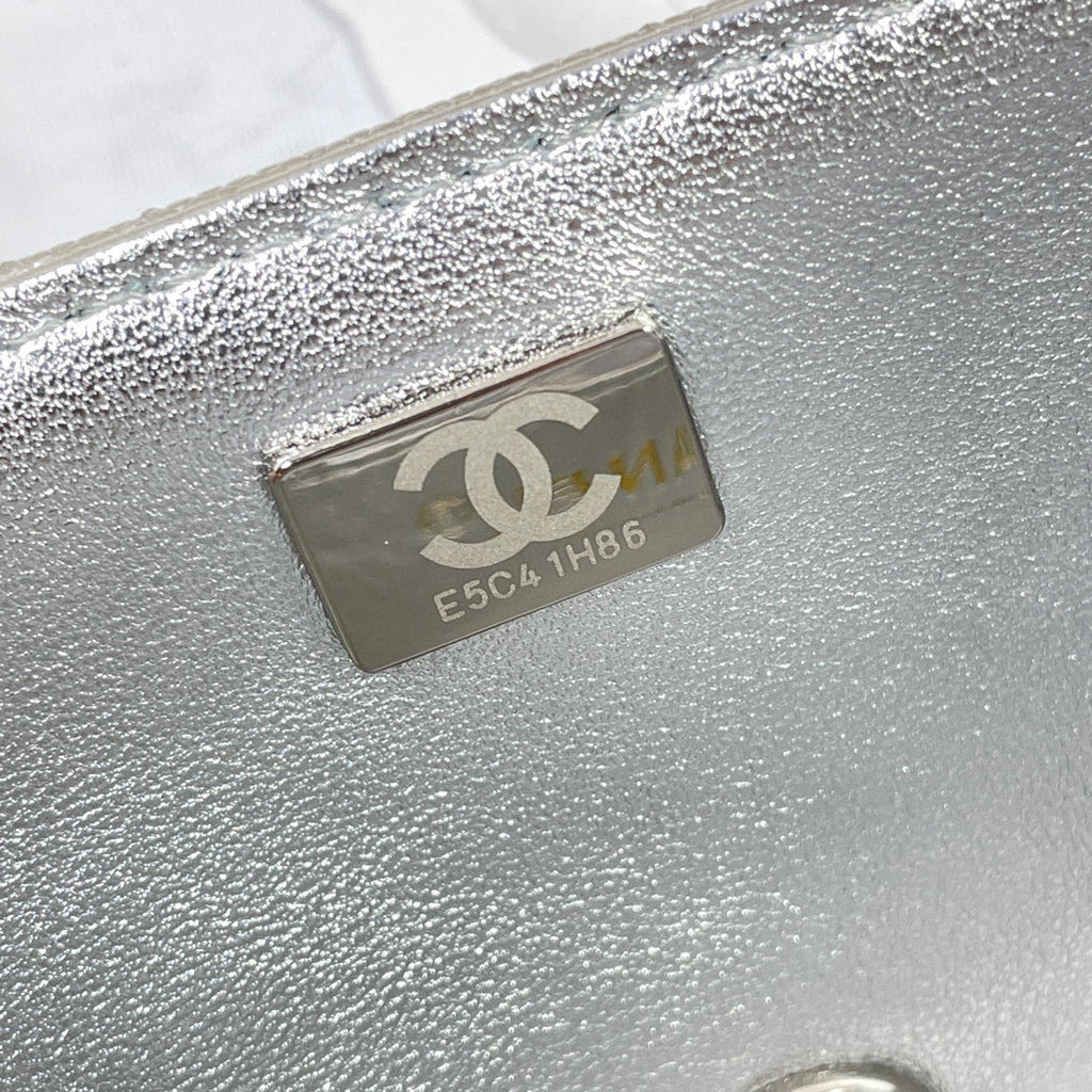 Chanel AS2431 mini flap bag with top handle Calfskin Silver