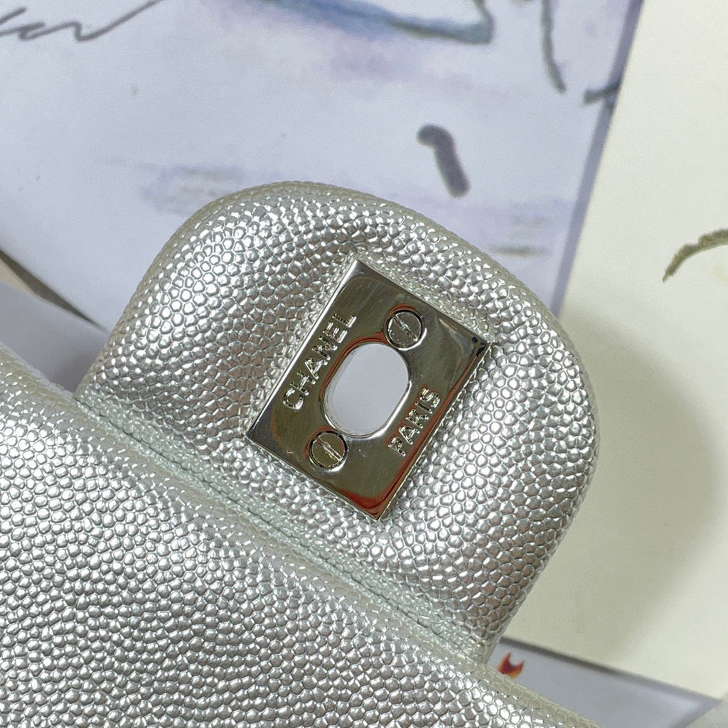 Chanel AS2431 mini flap bag with top handle Calfskin Silver