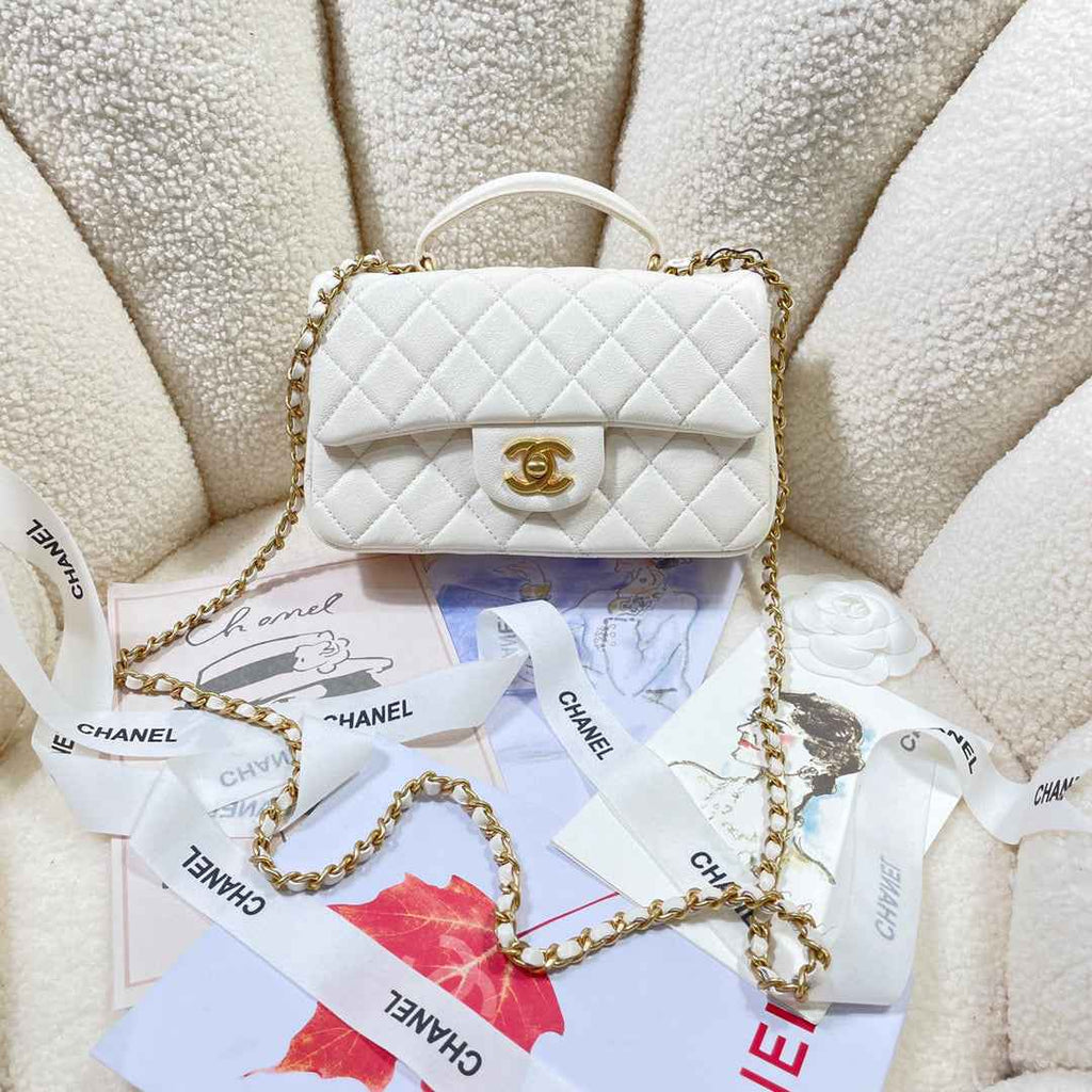 Chanel AS2431 mini flap bag with top handle Calfskin White Gold