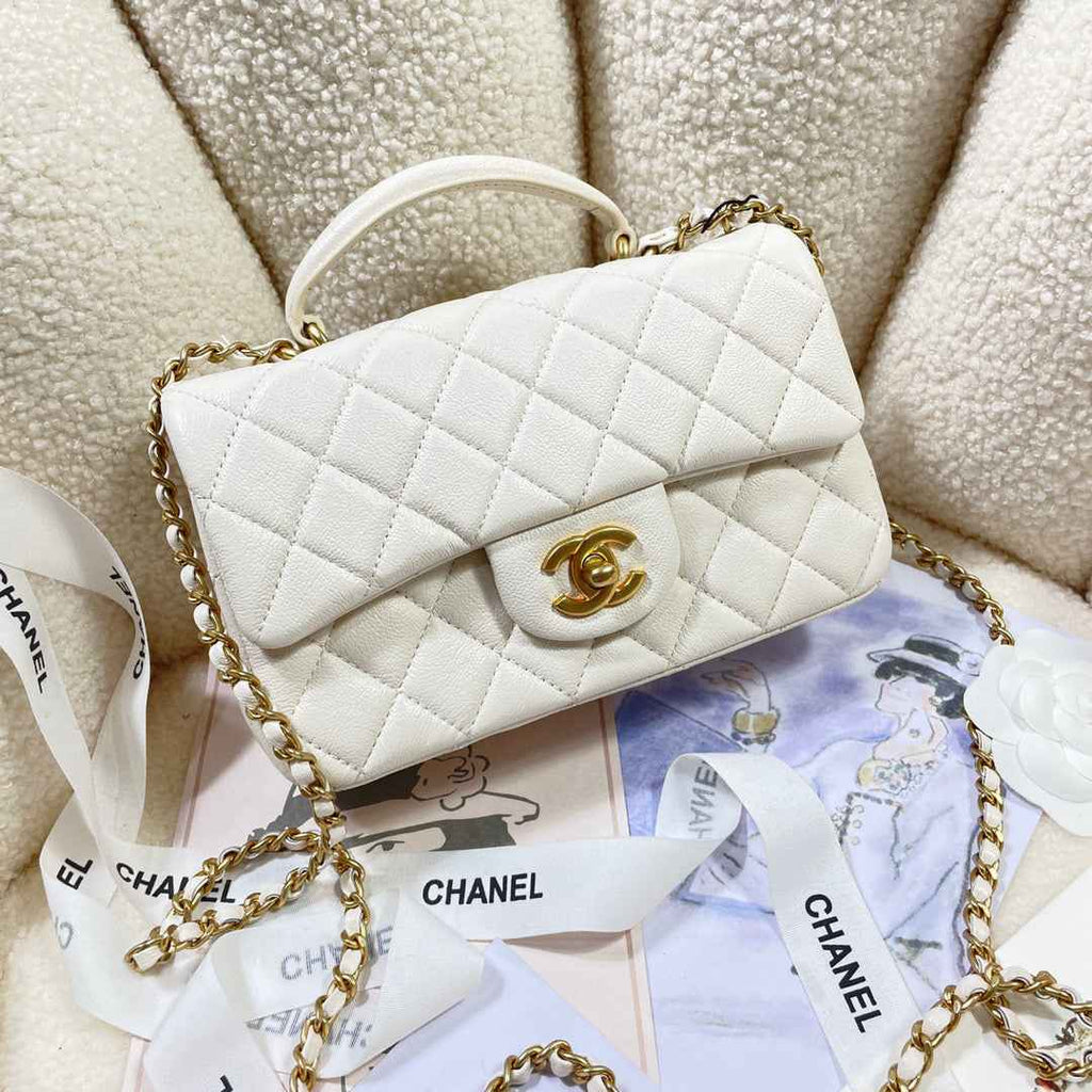 Chanel AS2431 mini flap bag with top handle Calfskin White Gold