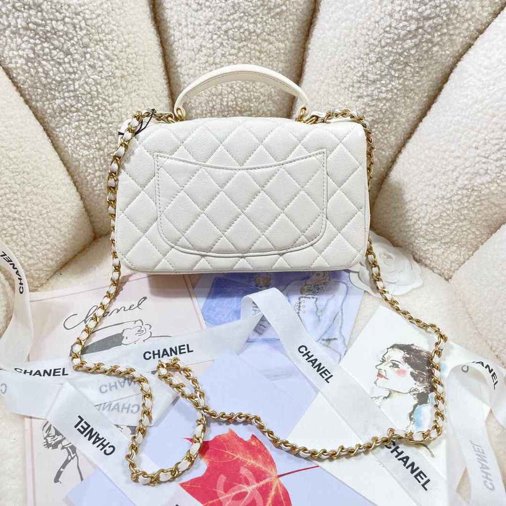 Chanel AS2431 mini flap bag with top handle Calfskin White Gold