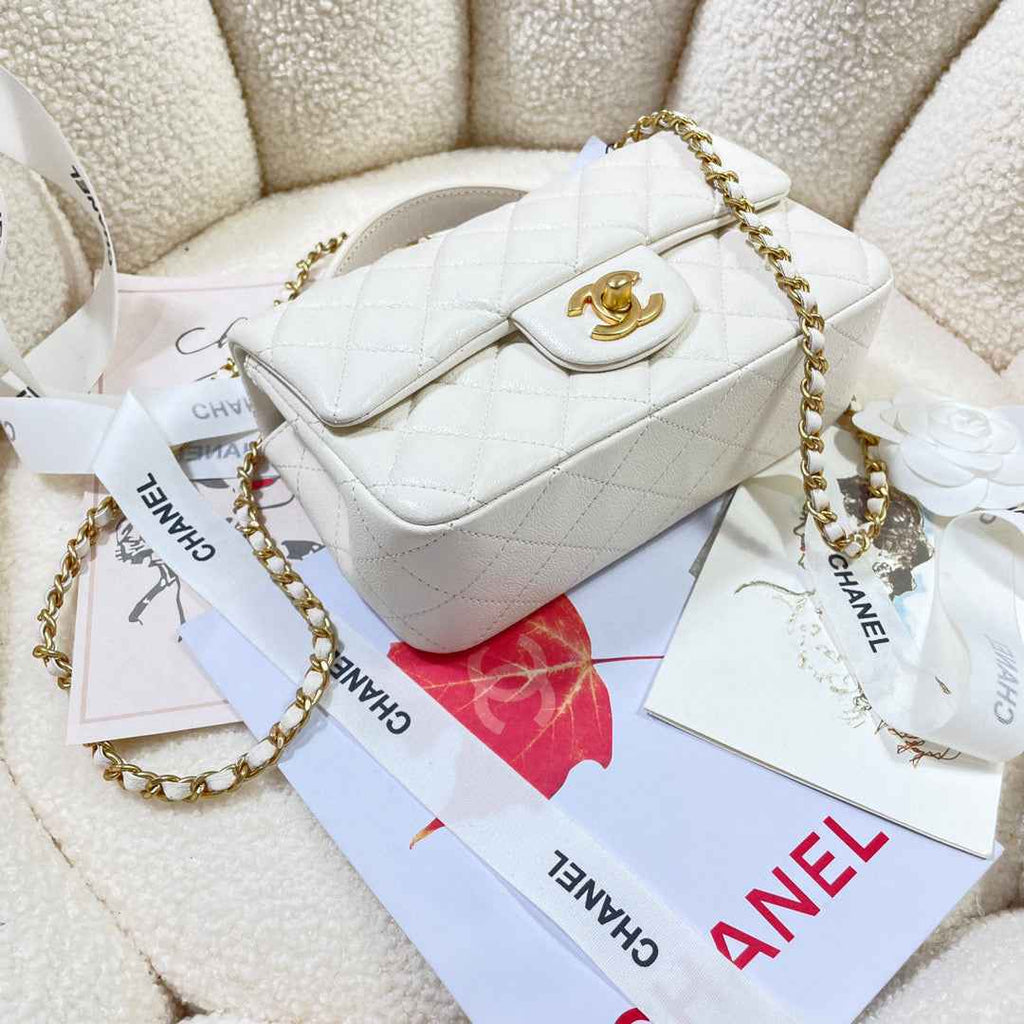 Chanel AS2431 mini flap bag with top handle Calfskin White Gold