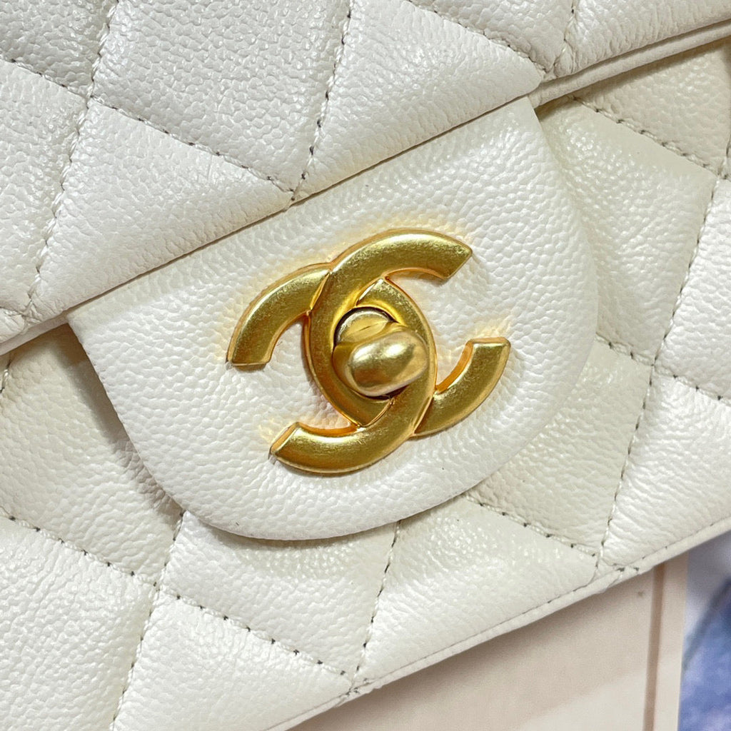 Chanel AS2431 mini flap bag with top handle Calfskin White Gold