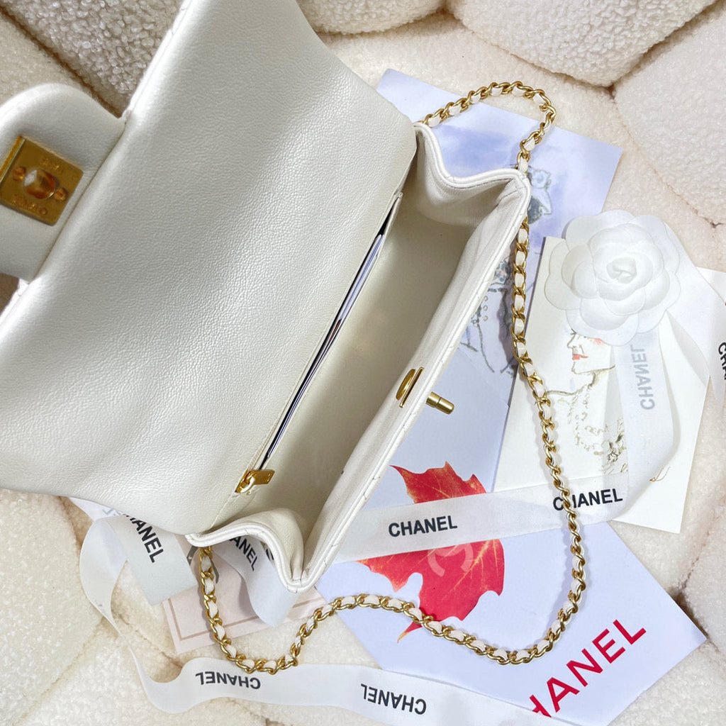 Chanel AS2431 mini flap bag with top handle Calfskin White Gold