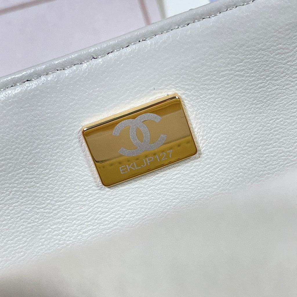 Chanel AS2431 mini flap bag with top handle Calfskin White Gold