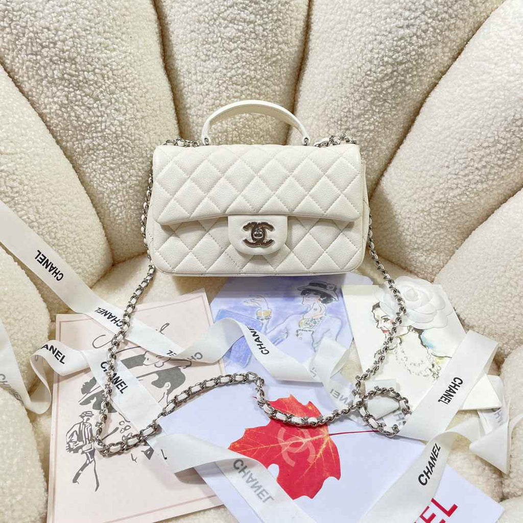 Chanel AS2431 mini flap bag with top handle Calfskin White Silver