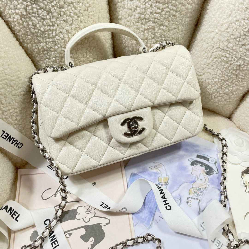 Chanel AS2431 mini flap bag with top handle Calfskin White Silver