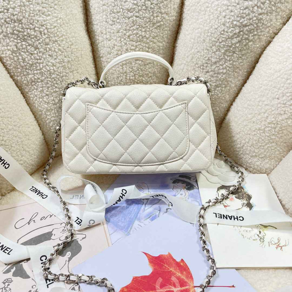 Chanel AS2431 mini flap bag with top handle Calfskin White Silver