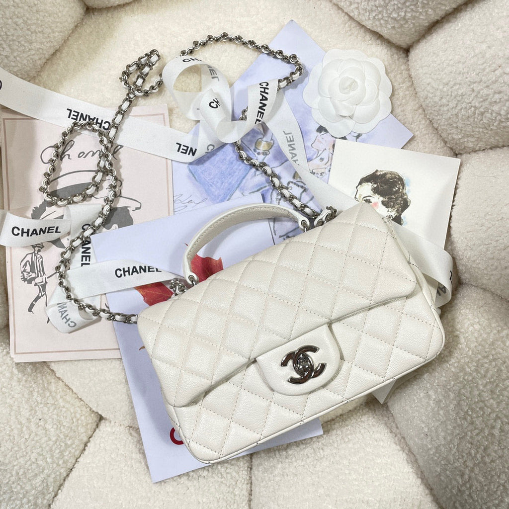 Chanel AS2431 mini flap bag with top handle Calfskin White Silver