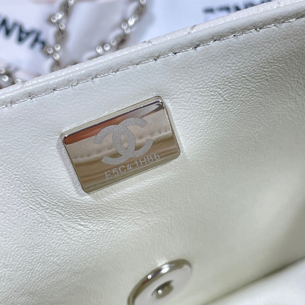 Chanel AS2431 mini flap bag with top handle Calfskin White Silver
