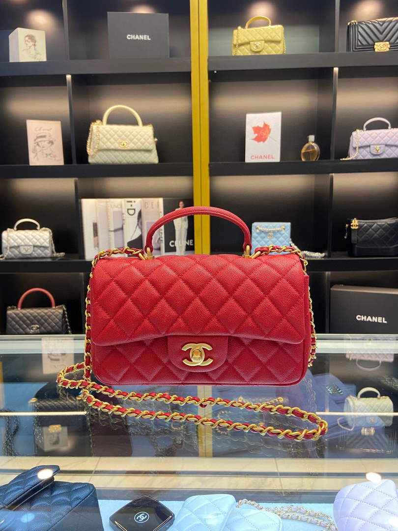 Chanel AS2431 mini flap bag with top handle Calfskin Red