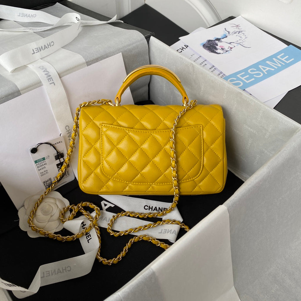 Chanel AS2431 mini flap bag with top handle lambskin leather yellow