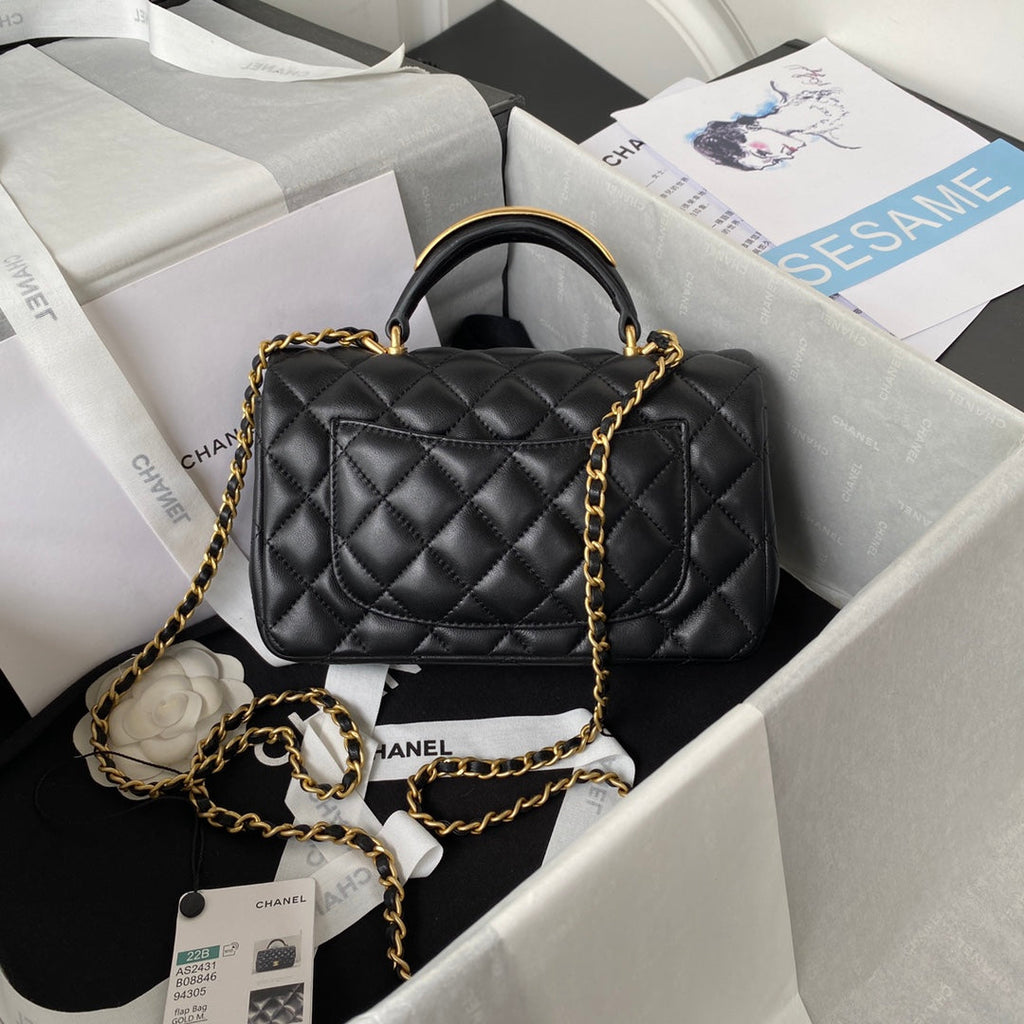 Chanel AS2431 mini flap bag with top handle lambskin leather black