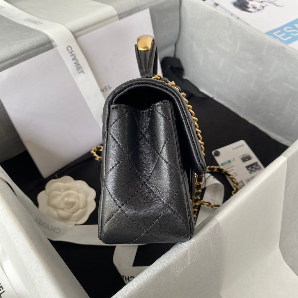 Chanel AS2431 mini flap bag with top handle lambskin leather black