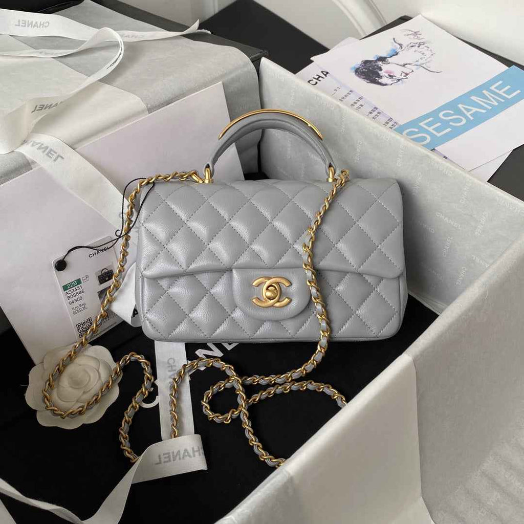 Chanel AS2431 mini flap bag with top handle lambskin leather gray