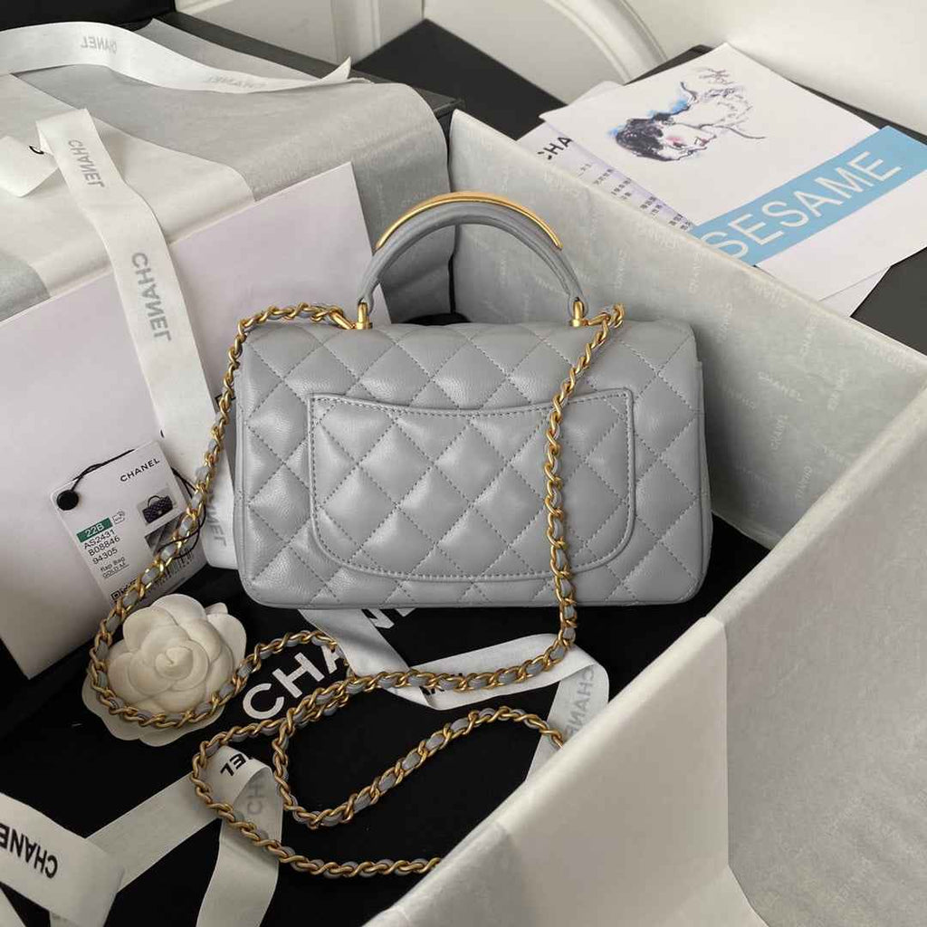 Chanel AS2431 mini flap bag with top handle lambskin leather gray