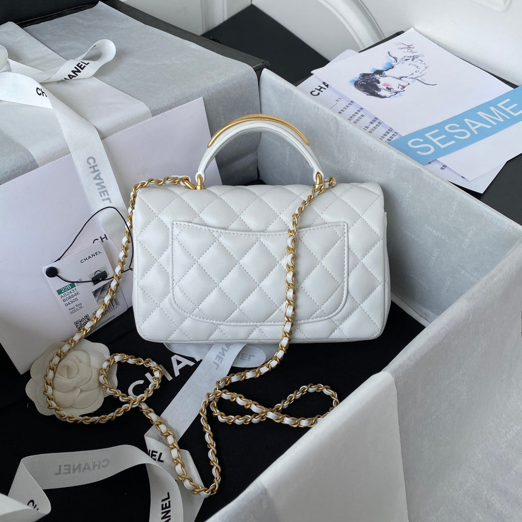 Chanel AS2431 mini flap bag with top handle lambskin leather white