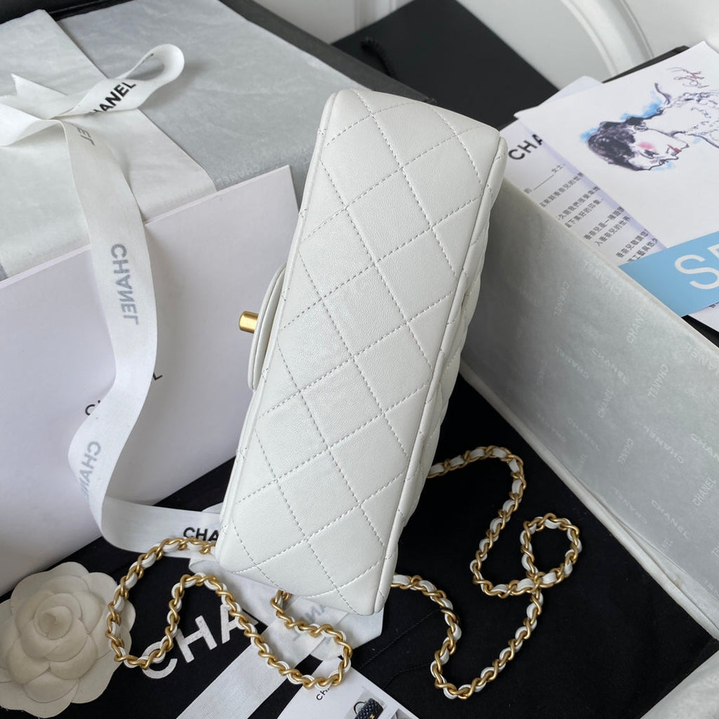 Chanel AS2431 mini flap bag with top handle lambskin leather white