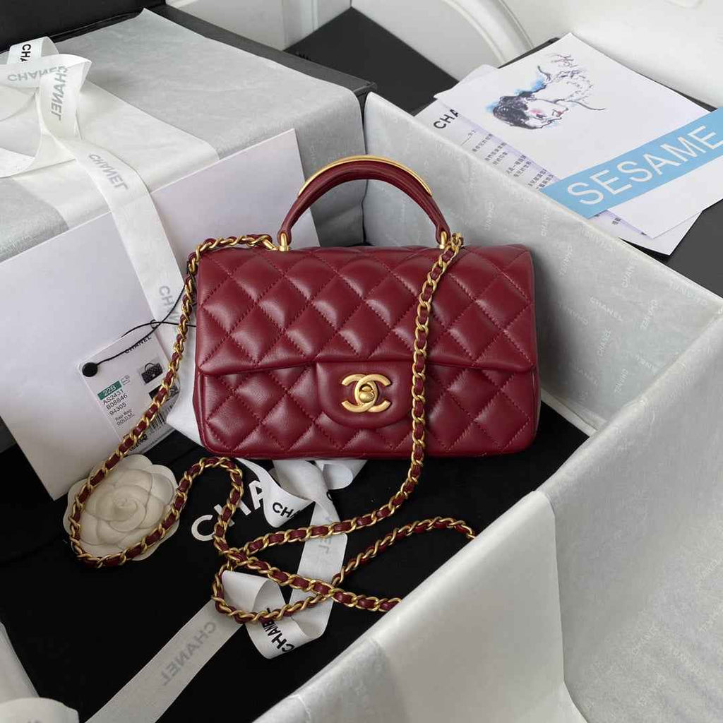 Chanel AS2431 mini flap bag with top handle lambskin leather red
