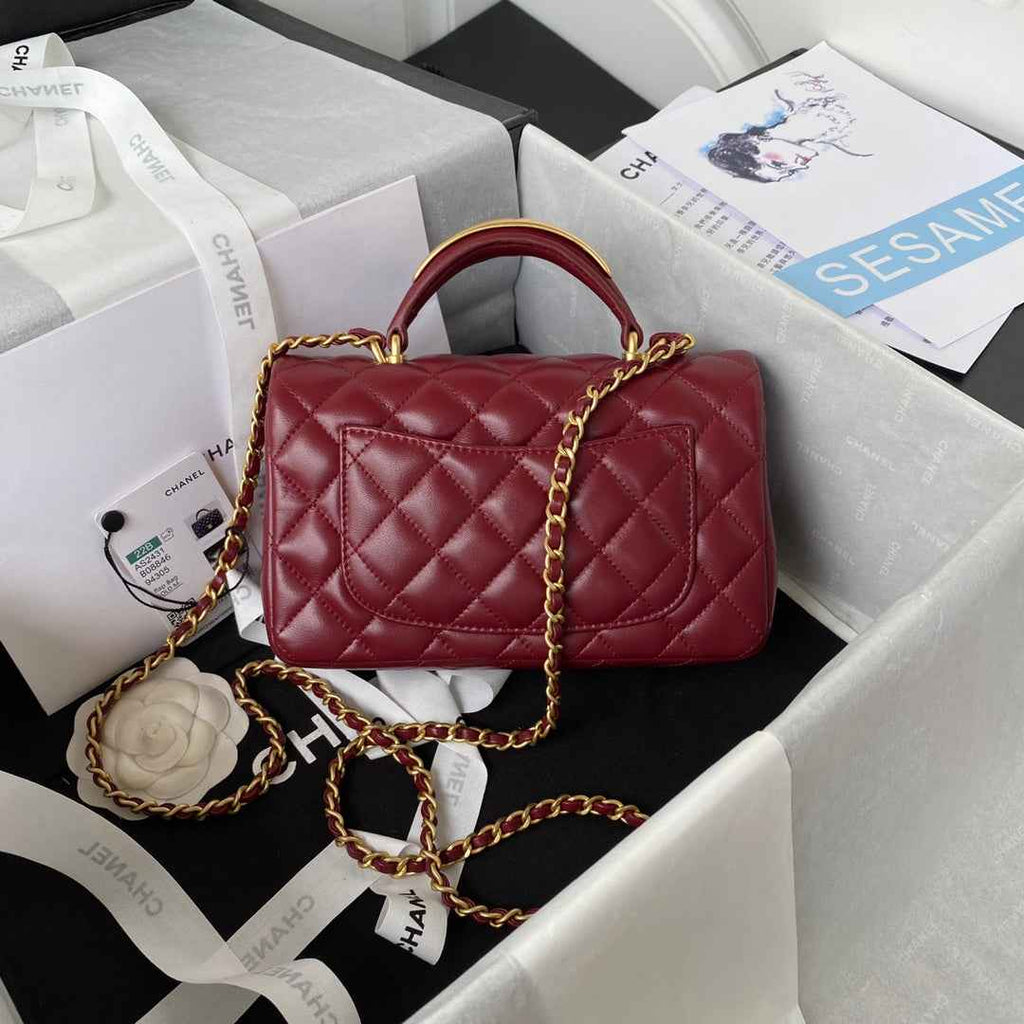 Chanel AS2431 mini flap bag with top handle lambskin leather red