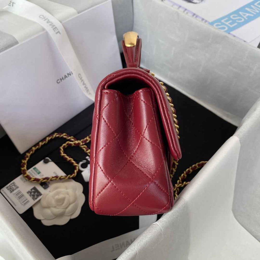 Chanel AS2431 mini flap bag with top handle lambskin leather red