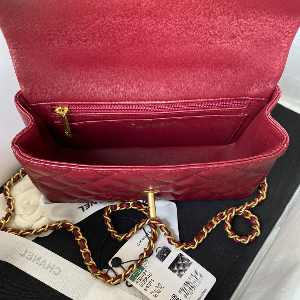 Chanel AS2431 mini flap bag with top handle lambskin leather red