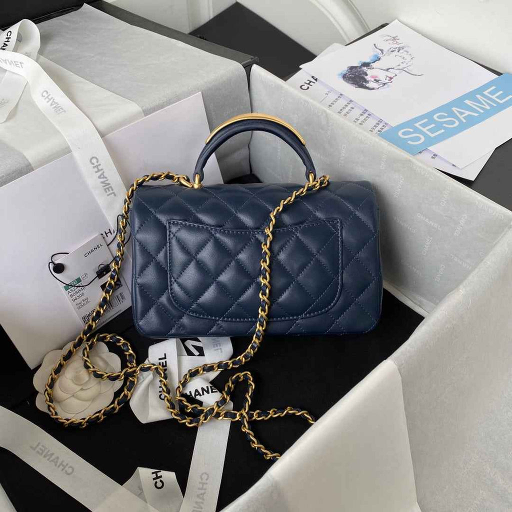 Chanel AS2431 mini flap bag with top handle lambskin leather navy blue