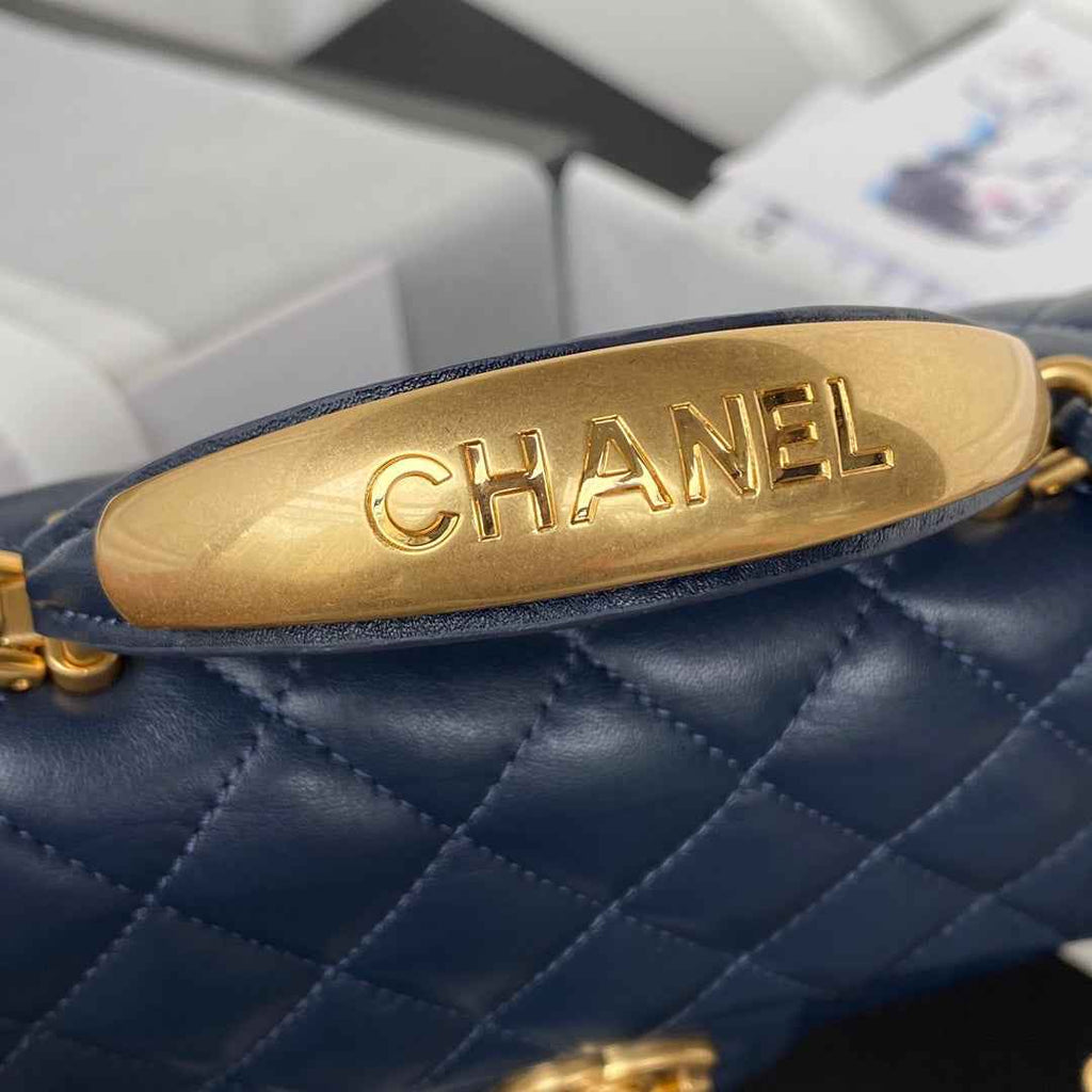 Chanel AS2431 mini flap bag with top handle lambskin leather navy blue