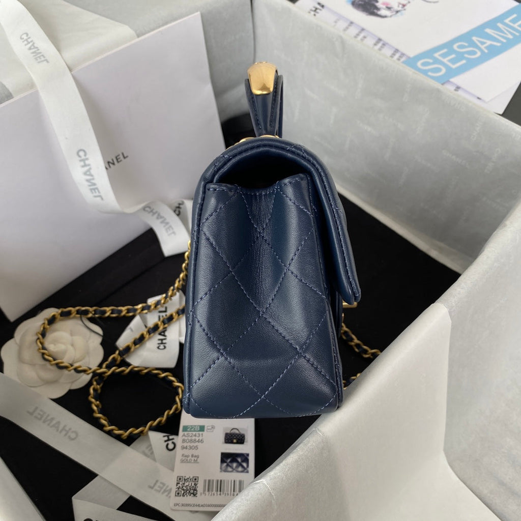 Chanel AS2431 mini flap bag with top handle lambskin leather navy blue