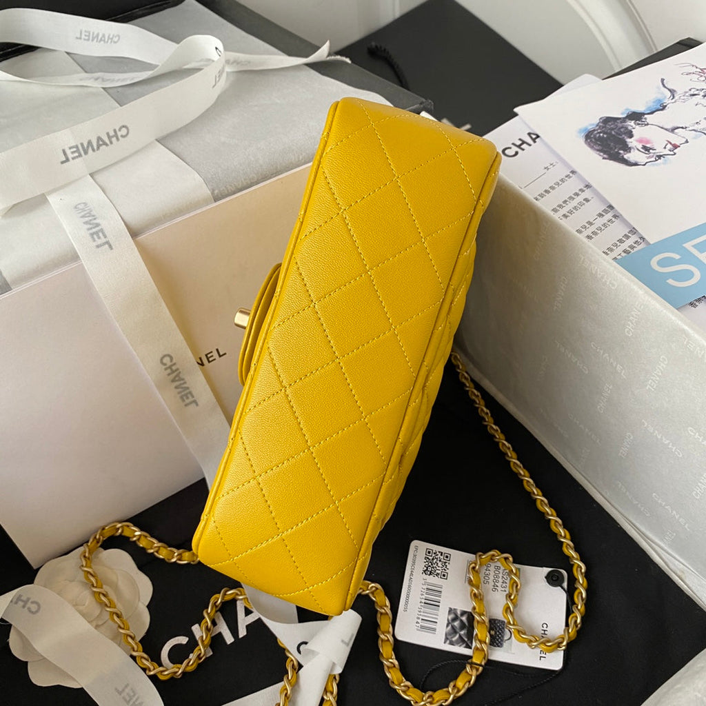 Chanel AS2431 mini flap bag with top handle lambskin leather yellow