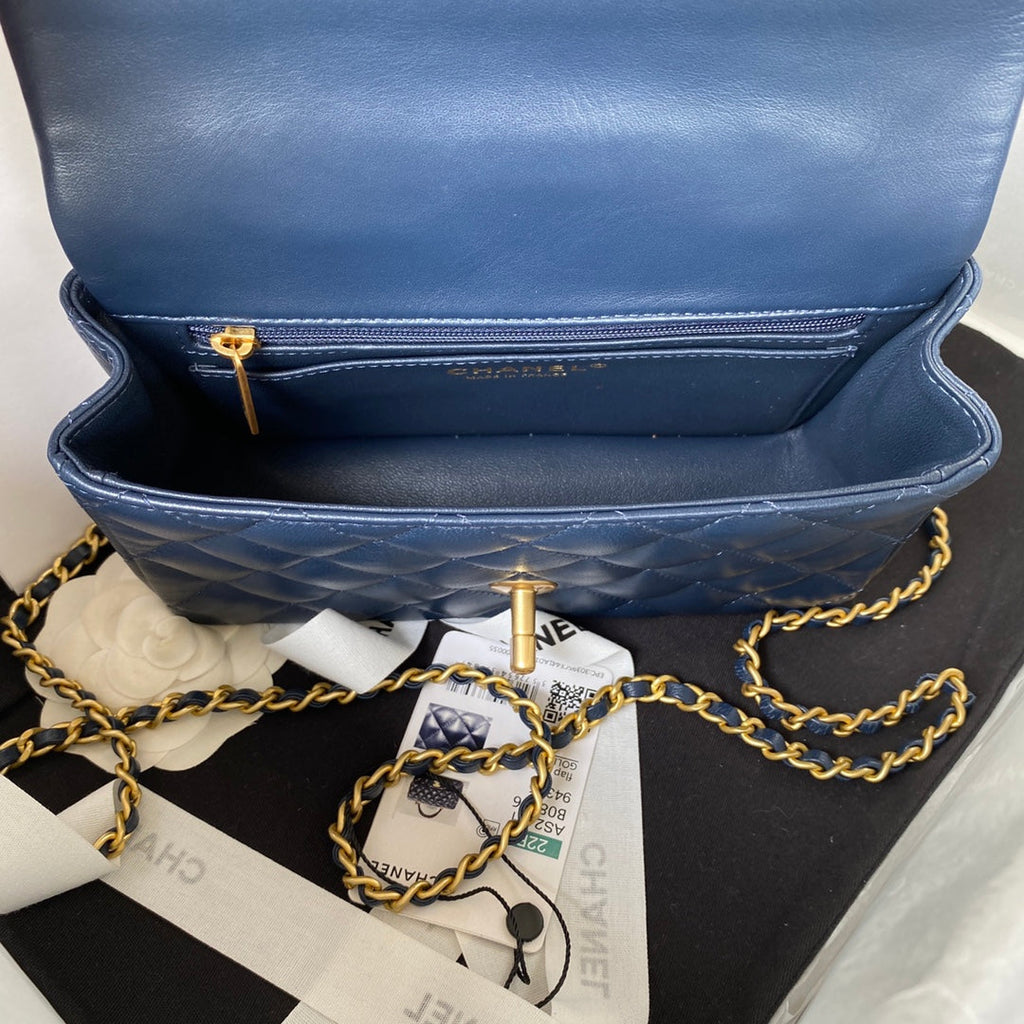 Chanel AS2431 mini flap bag with top handle lambskin leather navy blue