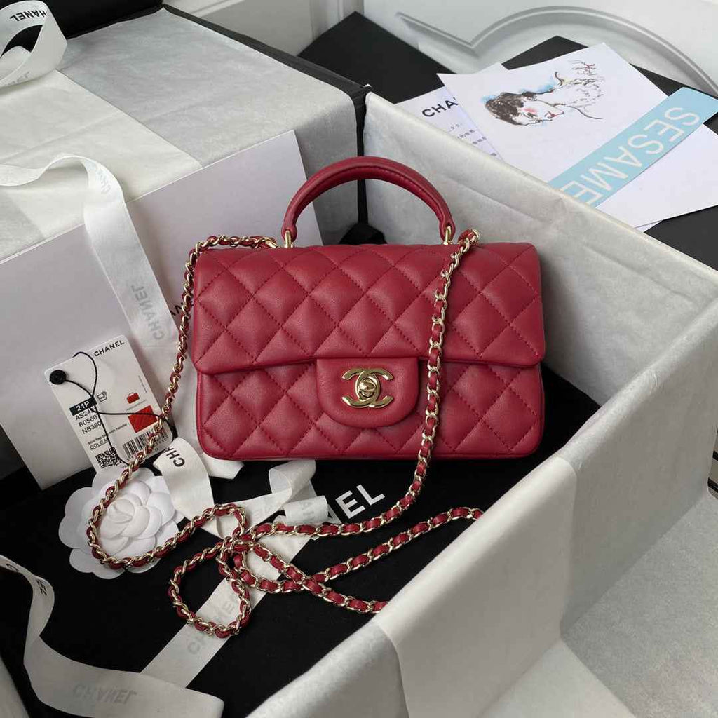 Chanel AS2431 mini flap bag with top handle lambskin red