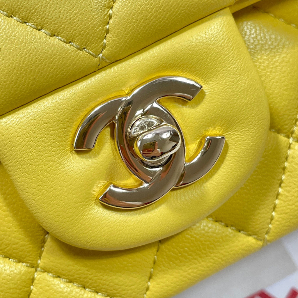 Chanel AS2431 mini flap bag with top handle lambskin yellow